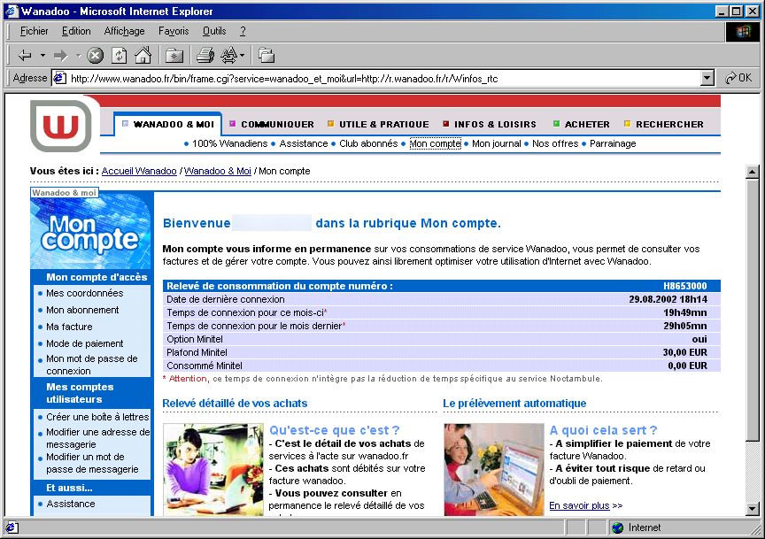 Interface Web Wanadoo en 2002